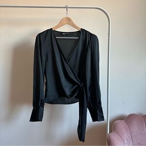 Zara | Black Wrap Puff Sleeve Top Size M